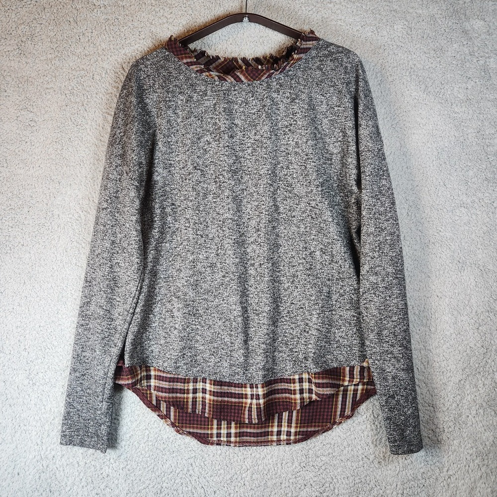 Andree By Unit Layered Sweater Women's Medium Gray Plaid Fleece Lined Curved Hem